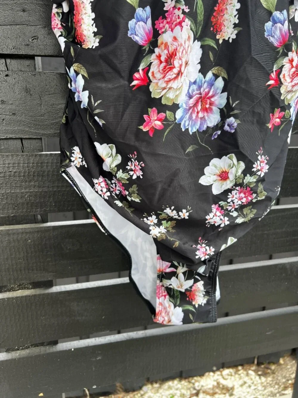 NWT Women’s Black Floral One Piece Swimsuit Mesh Chest Panel See Through Detail